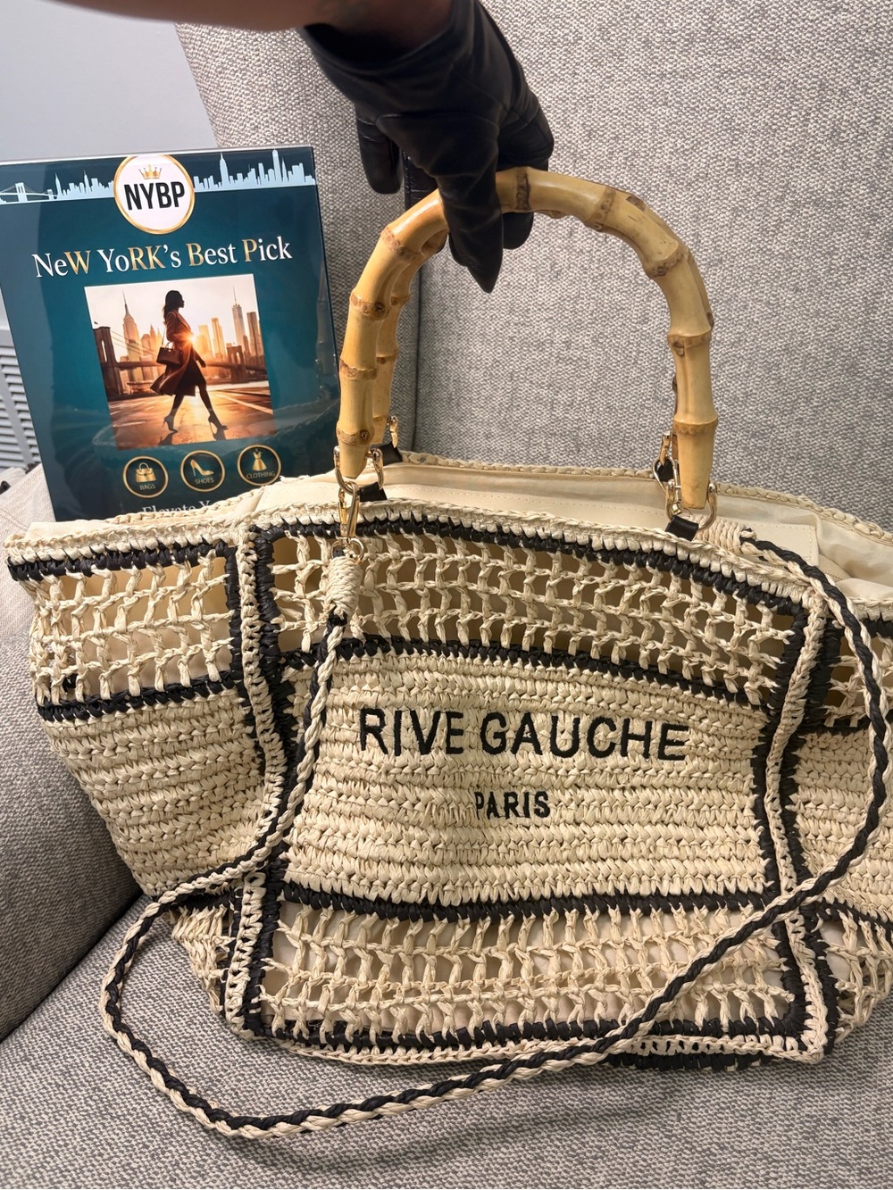 Woven Straw Summer Tote Bag with Bamboo Handles - Natural/Black